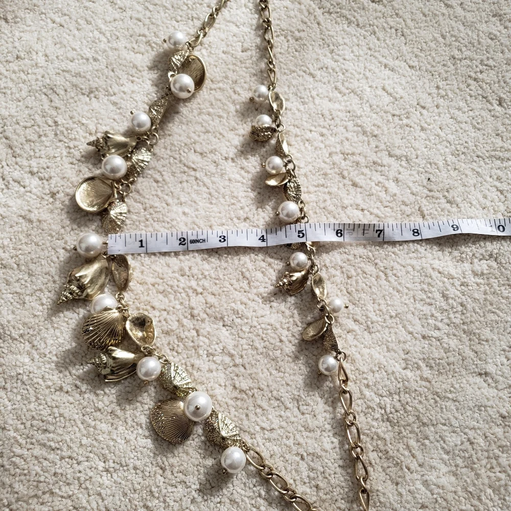 SOLD Talbots Double Layer Gold Shell, Rhinestone and Pearl Necklace - Picture 7 of 8